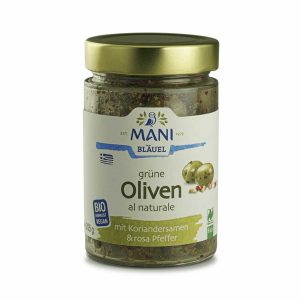 MANI Groene olijven met korianderzaad en roze peper 205g, bio