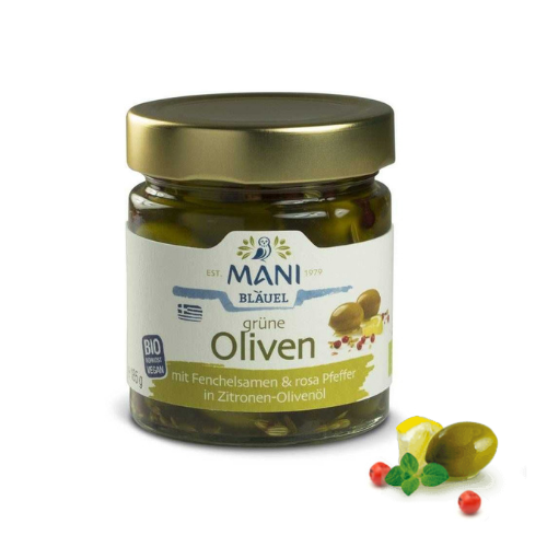 MANI Groene olijven, venkel, roze peper, citroen-olijfolie 185g, bio