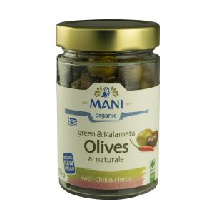 MANI Olijven met chili en kruiden in olijfolie 205g, bio